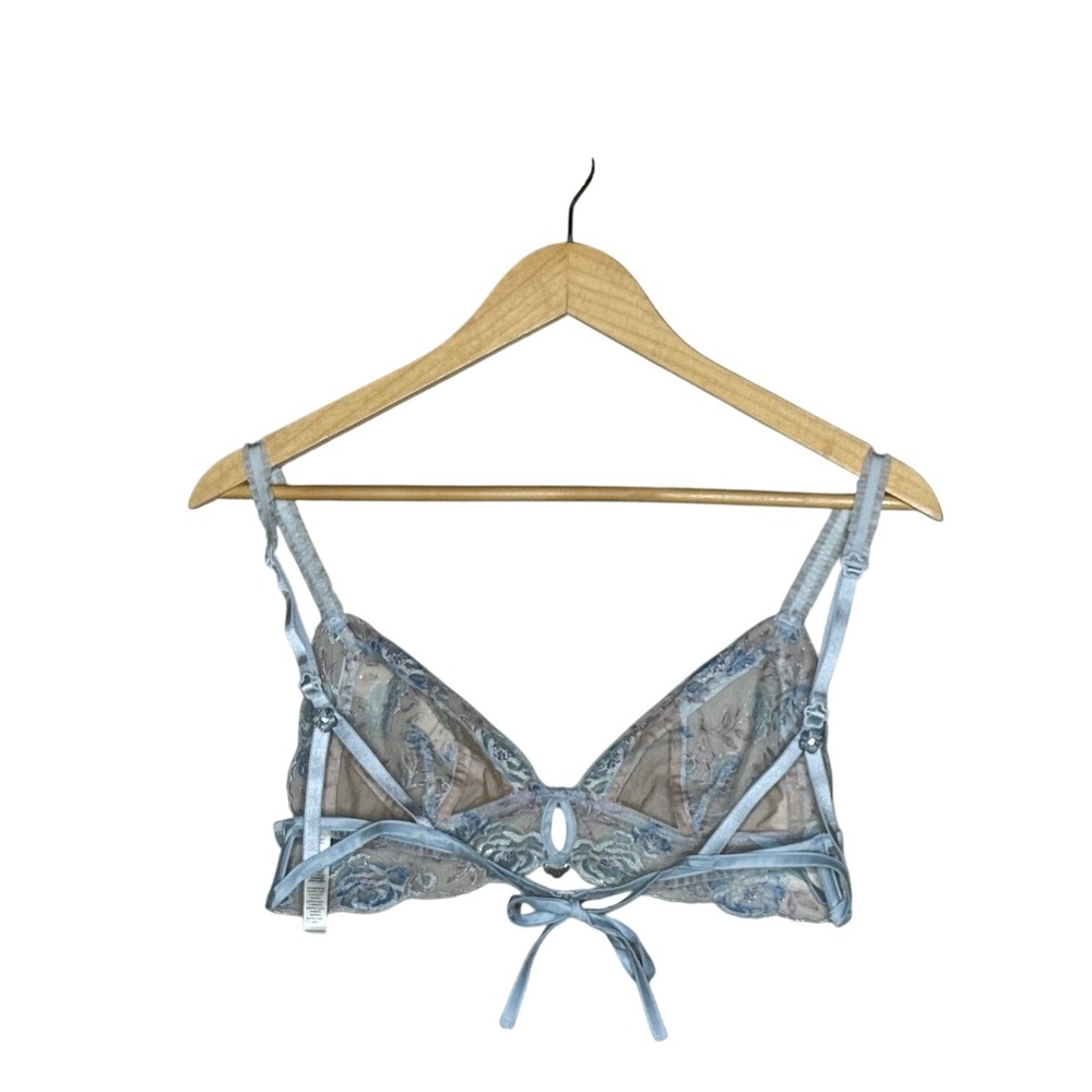 For Love & Lemons Blue Embroidered Sheer Bralette SDD Lace Tie Back - Picture 2 of 7